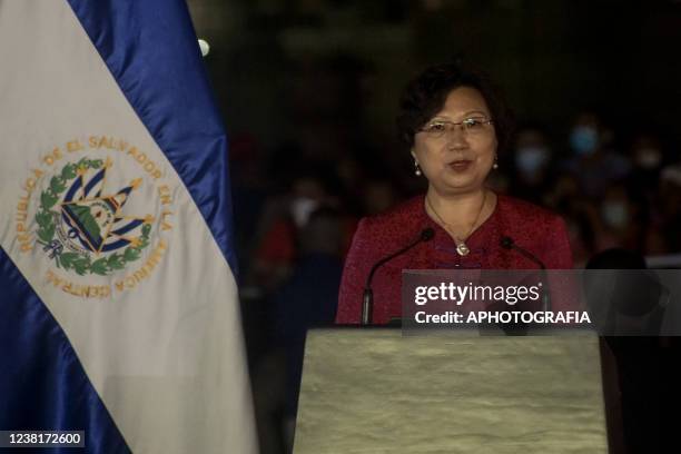 Ou Jianhong, Ambassador of China to El Salvador, speaks at a press conference during the National Library's foundation stone ceremony on February 3,...