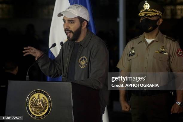 Nayib Bukele, president of El Salvador, speaks at a press conference during the National Library's foundation stone ceremony on February 3, 2022 in...