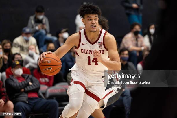 Stanford Cardinal forward Spencer Jones dribbles the ball during the college mens basketball game between the Washington State Cougars and Stanford...