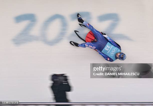 S Chris Mazdzer takes part in the men's singles luge training session at the Yanqing National Sliding Centre in Yanqing on February 4 ahead of the...