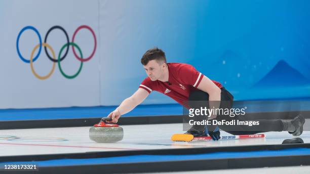 Bruce Mouat of Great Britain in action at Curling Mixed Doubles during the Beijing 2022 Winter Olympics at National Aquatics Centre on February 3,...