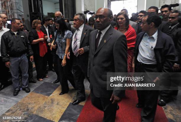 The new president of the Venezuelan National Assembly, Fernando Soto Rojas , walks with the second deputy Blanca Eekhout and first deputy Aristobulo...