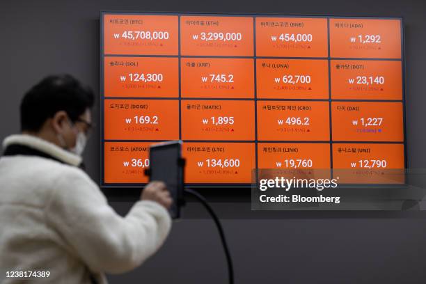 An employee uses a tablet in front of a monitor showing the prices of crypto currencies at the Bithumb exchange office in Seoul, South Korea, on...