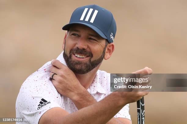 Sergio Garcia of Spain reacts on the 13th green during day two of the PIF Saudi International at Royal Greens Golf & Country Club on February 4, 2022...