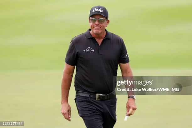 Phil Mickelson of the United States reacts on the 9th hole during day two of the PIF Saudi International at Royal Greens Golf & Country Club on...