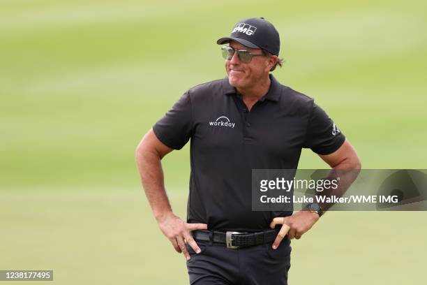 Phil Mickelson of the United States reacts on the 9th hole during day two of the PIF Saudi International at Royal Greens Golf & Country Club on...