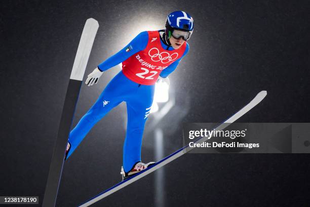 Giovanni Bresadola of Italy in action competes at Skijumping training during the Beijing 2022 Olympic Winter Games at National Biathlon Centre on...