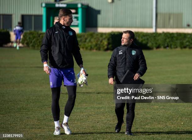 Hibs manager Shaun Maloney and Kevin Dabrowski during Hibernian media access at the Hibernian Training Centre, on February 4 in Edinburgh, Scotland.