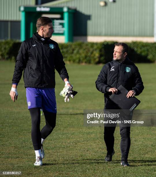 Hibs manager Shaun Maloney and Kevin Dabrowski during Hibernian media access at the Hibernian Training Centre, on February 4 in Edinburgh, Scotland.