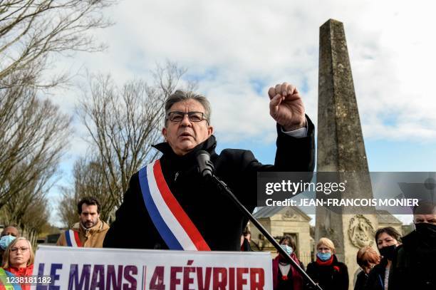 French leftist movement La France Insoumise presidential candidate Jean-Luc Melenchon delivers a speech during a ceremony marking the first abolition...