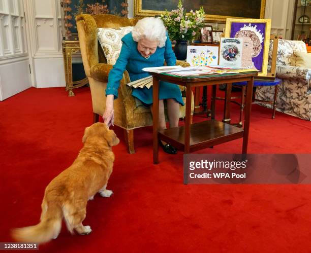 Queen Elizabeth II is joined by one of her dogs, a Dorgi called Candy, as she views a display of memorabilia from her Golden and Platinum Jubilees in...
