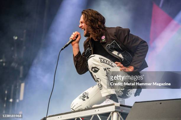 Vocalist Lawrence Taylor of English metalcore group While She Sleeps performing live on stage during the Download Pilot festival at Donington Park in...
