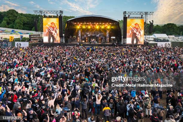 Welsh hard rock group Skindred performing live on stage during the Download Pilot festival at Donington Park in England, on June 20, 2021.