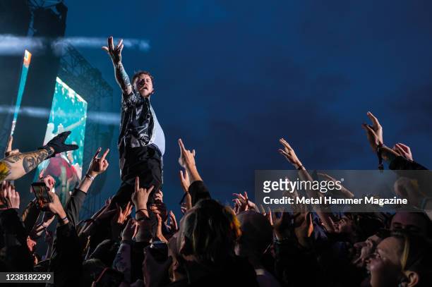 English punk rock musician Frank Carter performing live on stage during the Download Pilot festival at Donington Park in England, on June 18, 2021.