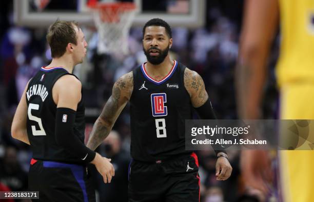Los Angeles, CA Los Angeles Clippers forward Marcus Morris Sr. Celebrates with guard Luke Kennard after making the game-tying shot during the second...
