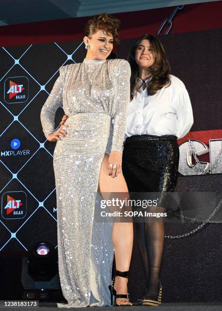 Bollywood actress Kangana Ranaut and Indian television producer Ekta Kapoor pose for a photo during the launch of a metaverse based reality show...