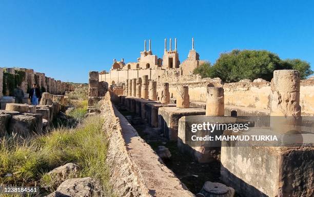 This picture shows a partial view of the ancient Roman city of Leptis Magna, in the coastal Libyan city of Al-Khums, some 120Km east of the capital...