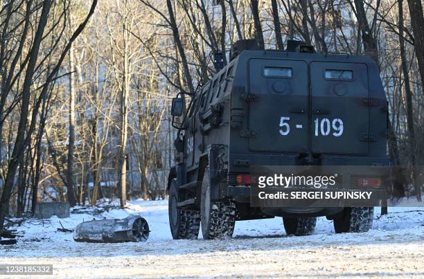 This photograph taken on February 4, 2022 shows an armoured vehicle as servicemen take part in a joint tactical and special exercises of the...