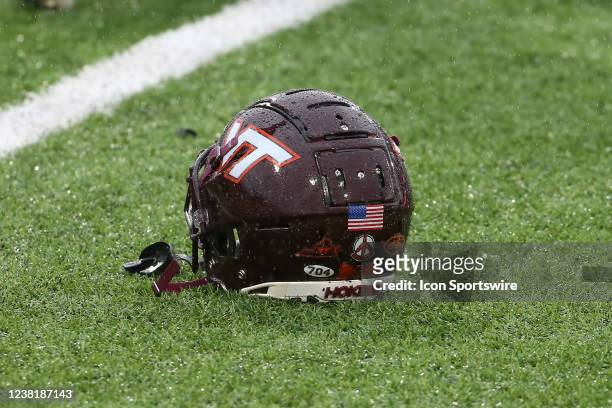 Virginia Tech helmet sits on the ground during the Reese's Senior Bowl practice session on February 2, 2002 at Hancock Whitney Stadium in Mobile,...