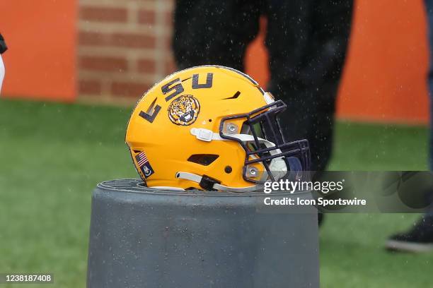 General view of an LSU Tigers helmet during the Reese's Senior Bowl practice session on February 2, 2002 at Hancock Whitney Stadium in Mobile,...