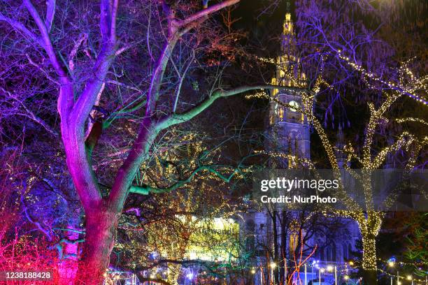 Bright holiday illumination on the Rathausplatz square near Vienna City Hall building in the historic center of Vienna, Austria. January 2022