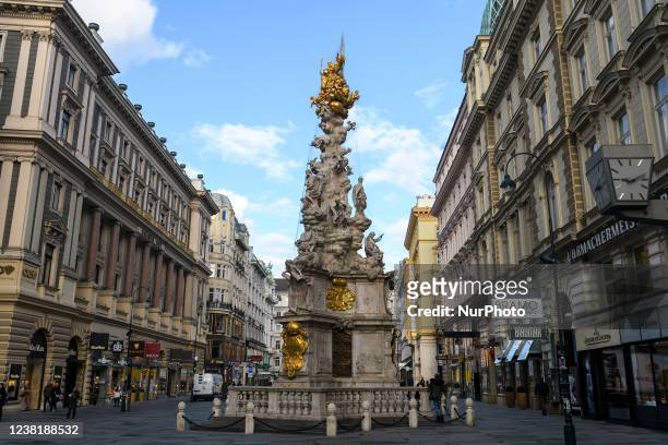 The Plague or Trinity Column on the Graben street in the inner city of Vienna, Austria. January 2022.