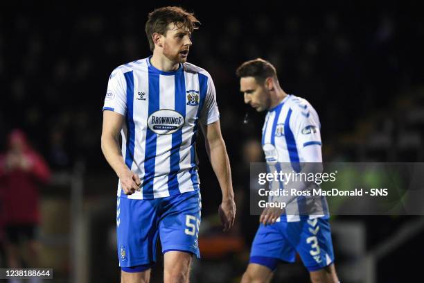 Kilmarnock's Ash Taylor and Brandon Haunstrup during a cinch Championship match between Arbroath and Kilmarnock at Gayfield Park, on February 04 in...