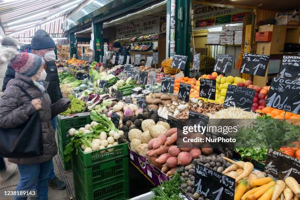 Showcases with food products on the Naschmarkt, most popular market in Vienna, Austria. January 2022