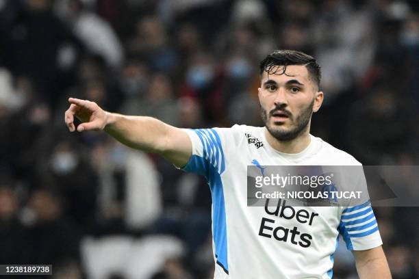 Marseille's Bosnian defender Sead Kolasinac gestures during the French L1 football match between Olympique Marseille and SCO Angers at Stade...