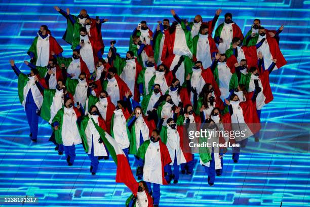 Team Italy enter the stadium during the Opening Ceremony of the Beijing 2022 Winter Olympics at the Beijing National Stadium on February 04, 2022 in...