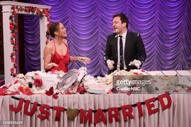 Episode 1598 -- Pictured: Actress Jennifer Lopez and host Jimmy Fallon play during Wedding, Set, Go! on Friday, February 4, 2022 --