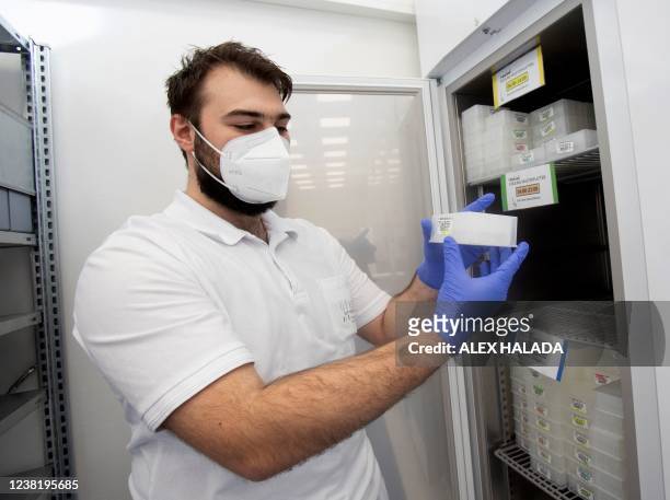 An employee of the LifeBrain laboratory shows pooling master plates with the coronavirus PCR gargle test samples in Vienna on February 1, 2022. -...