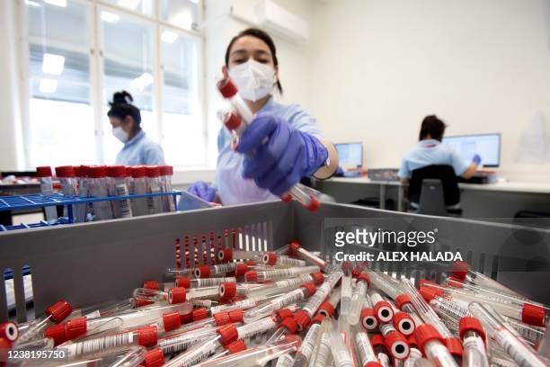 Employees in the LifeBrain laboratory prepare the coronavirus PCR gargle test samples in Vienna on February 1, 2022. - Throughout the day, vans...