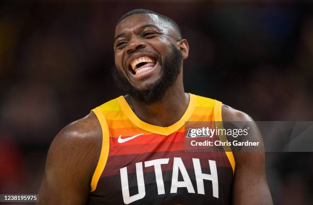 Eric Paschall of the Utah Jazz laughs during the final seconds of their win over the Brooklyn Nets February 4, 2022 at the Vivint Smart Home Arena in...