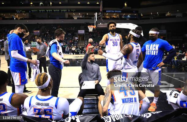 Grant Gibbs of the Oklahoma Blue talks to his team during a timeout of the game with the Austin Spurs during a NBA G-League game on February 4, 2022...