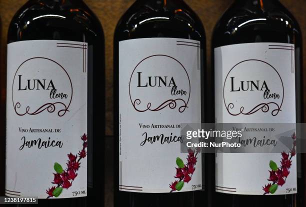 Bottles of Luna llena Flower Wine. On Saturday, January 29 in San Cristobal de las Casas, Chiapas, Mexico.