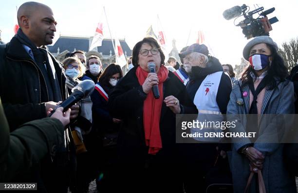 Lille's mayor Martine Aubry speaks during a demonstration against racism and far-right movement at Place de la Republique in Lille, on February 5,...