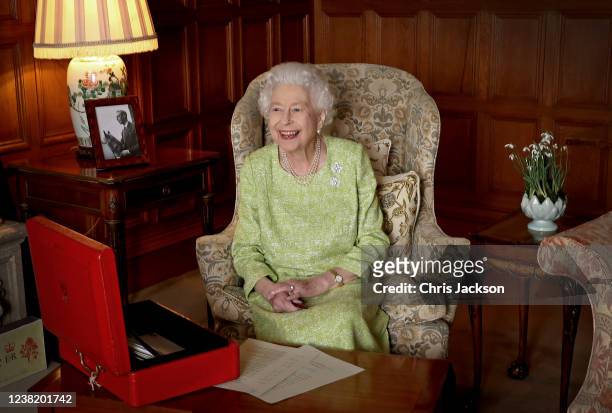 Queen Elizabeth II is photographed at Sandringham House to commemorate Accession Day, marking the start of Her Majesty’s Platinum Jubilee Year, on...