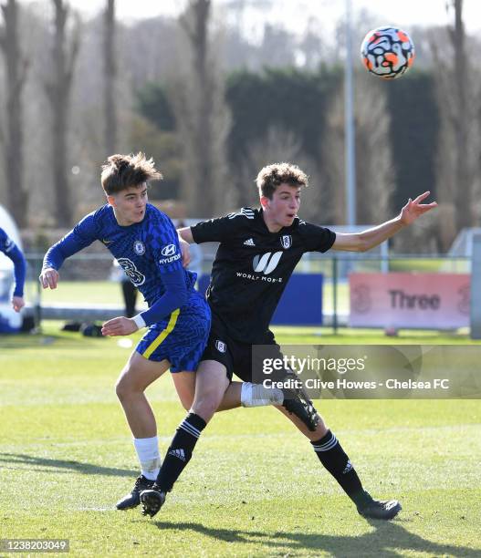 Leo Castledine of Chelsea heads towards goal during the Chelsea v Fulham U18 Premier League match at Chelsea Training Ground on February 5, 2022 in...