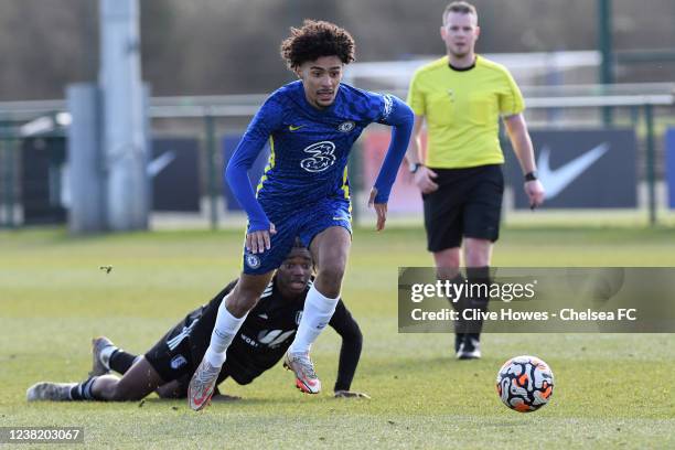 Zain Silcott-Durberry of Chelsea chases the ball during the Chelsea v Fulham U18 Premier League match at Chelsea Training Ground on February 5, 2022...