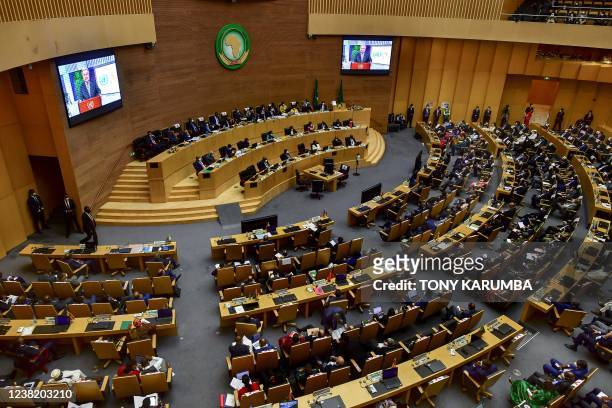 United Nations Secretary General Antonio Guterres addresses Presidents and delegates via a telecast at the African Union headquarters during the 35th...