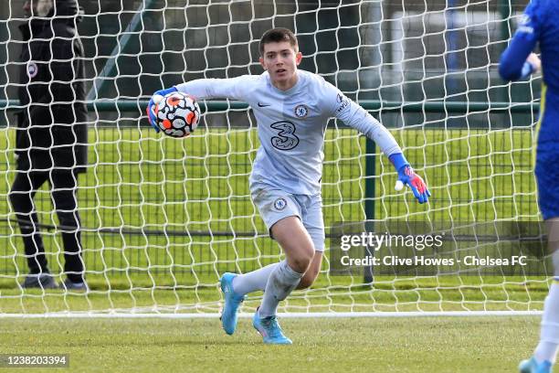 Ted Curd of Chelsea rolls the ball out during the Chelsea v Fulham U18 Premier League match at Chelsea Training Ground on February 5, 2022 in Cobham,...
