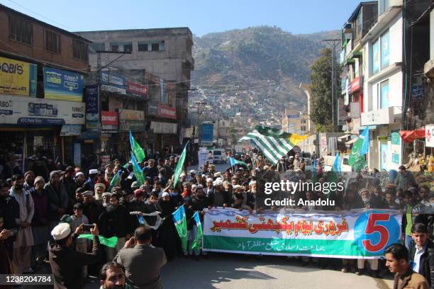 People attend Kashmir Solidarity Day celebrations in Muzaffarabad, Pakistan on February 05, 2022. Pakistani people expressed solidarity with the...