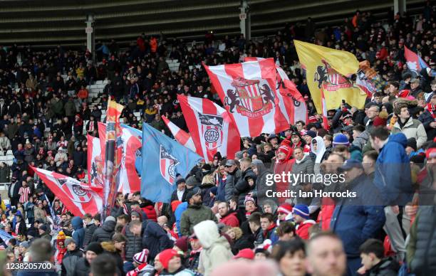 Sunderland flags fly during the Sky Bet League One match between Sunderland and Doncaster Rovers at Stadium of Light on February 5, 2022 in...