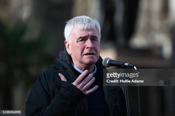 Labour MP John McDonnell speaks during the Say no to the Elections Bill rally in Parliament Square on February 5, 2022 in London, England. The...