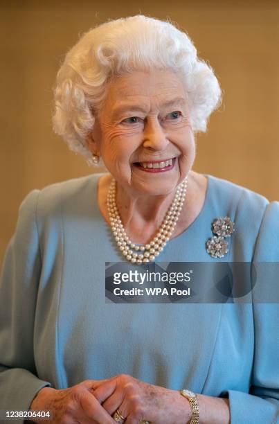 Queen Elizabeth celebrates the start of the Platinum Jubilee during a reception in the Ballroom of Sandringham House on February 5, 2022 in King's...