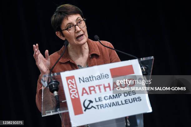 French far-left Lutte ouvriere party's leader and presidential candidate Nathalie Arthaud delivers a speech during a campaign meeting ahead of the...