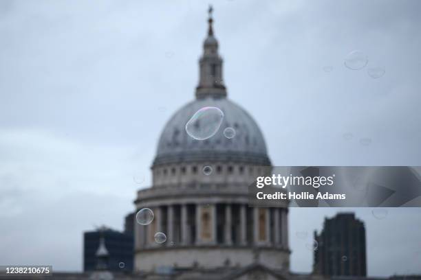 General view of bubbles flying near St Paul's Cathedral on February 5, 2022 in London, England.