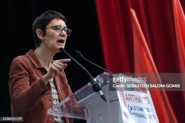 French far-left Lutte ouvriere party's leader and presidential candidate Nathalie Arthaud delivers a speech during a campaign meeting ahead of the...