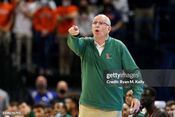 Head coach Jim Larranaga of the Miami Hurricanes reacts to a play in the first half during a game against the Virginia Cavaliers at John Paul Jones...